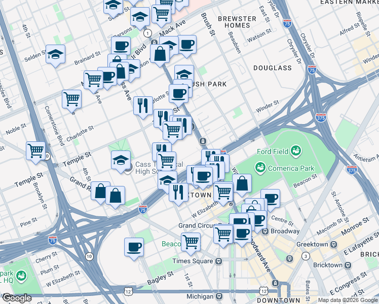 map of restaurants, bars, coffee shops, grocery stores, and more near 2540 Park Avenue in Detroit