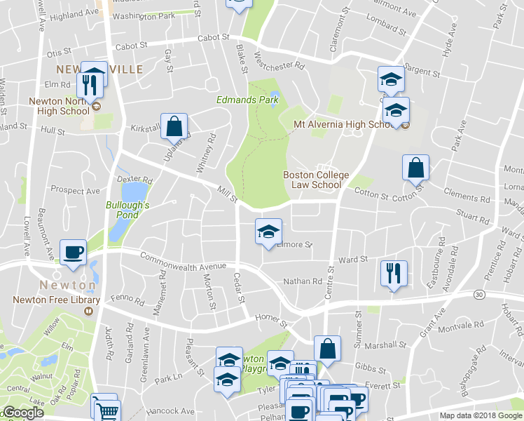 map of restaurants, bars, coffee shops, grocery stores, and more near Mill St & Morseland Ave in Newton