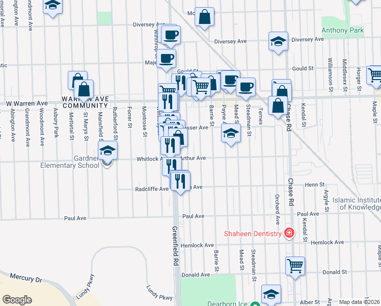 map of restaurants, bars, coffee shops, grocery stores, and more near 6816 Yinger Avenue in Dearborn
