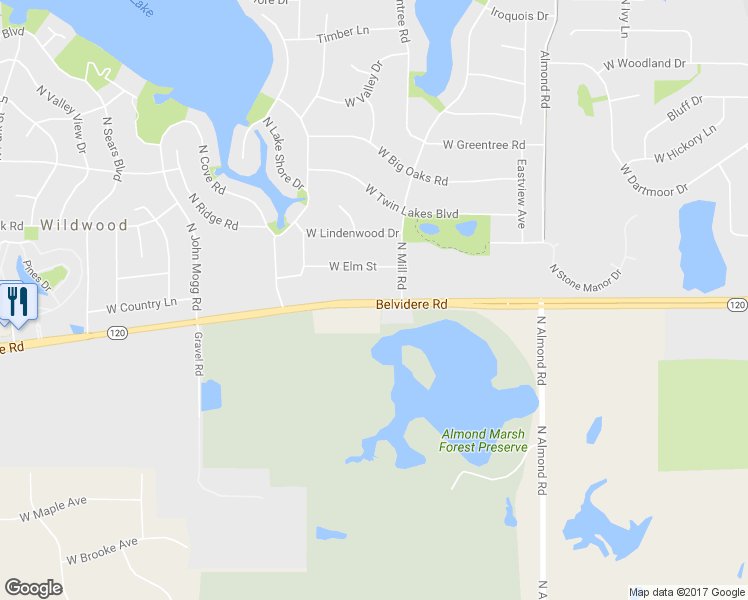 map of restaurants, bars, coffee shops, grocery stores, and more near 18120 Belvidere Road in Gages Lake