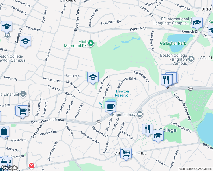 map of restaurants, bars, coffee shops, grocery stores, and more near 35 Woodlawn Drive in Newton