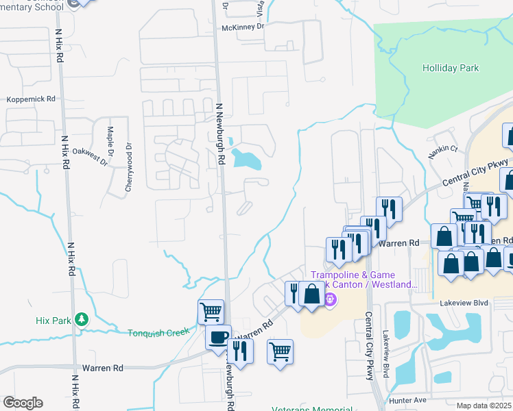 map of restaurants, bars, coffee shops, grocery stores, and more near 37104 South Heather Court in Westland
