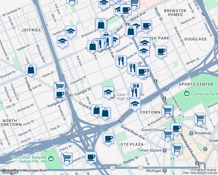 map of restaurants, bars, coffee shops, grocery stores, and more near 2733 2nd Avenue in Detroit