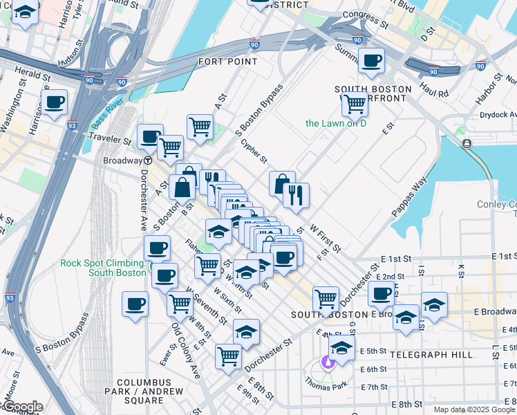 map of restaurants, bars, coffee shops, grocery stores, and more near 120 Bolton Street in Boston