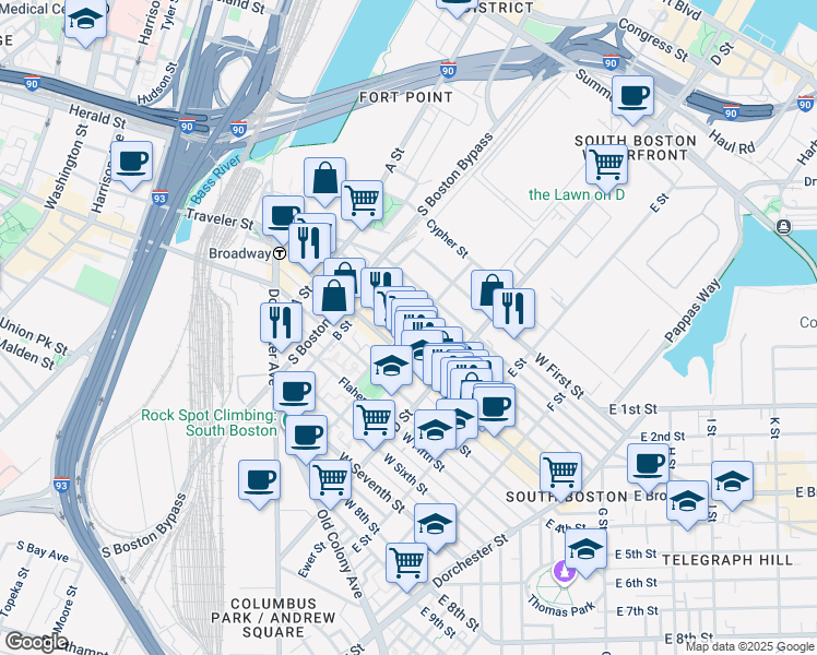 map of restaurants, bars, coffee shops, grocery stores, and more near 166 Athens Street in Boston