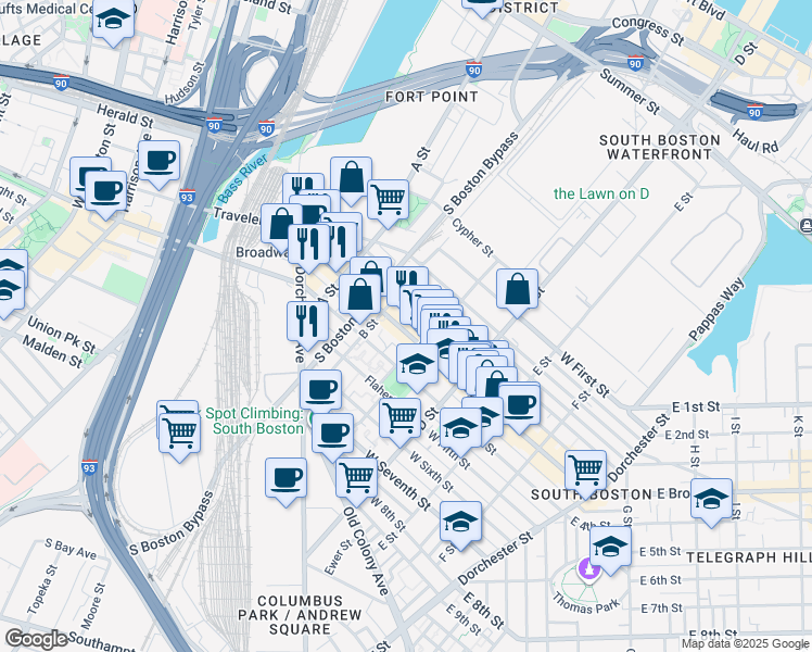 map of restaurants, bars, coffee shops, grocery stores, and more near 157 West Broadway in Boston