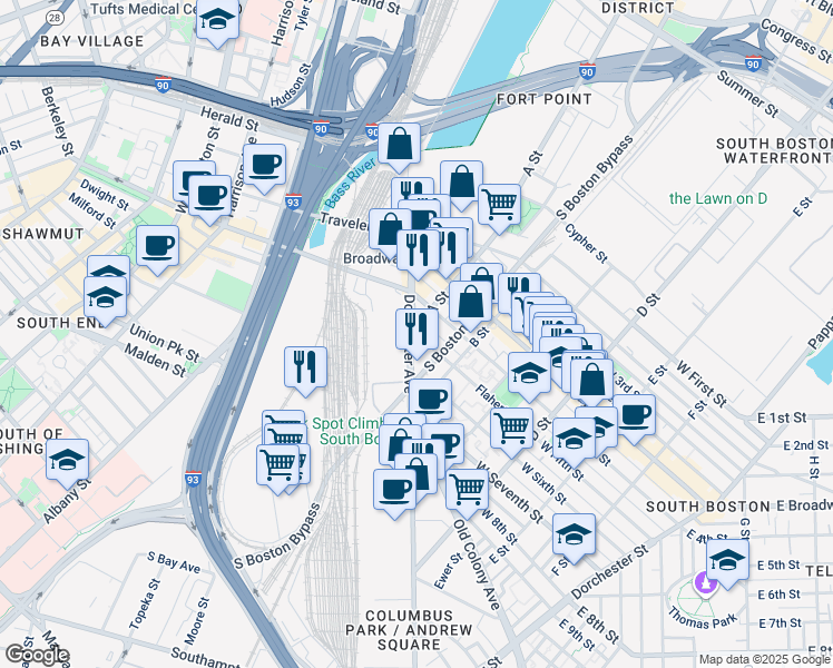 map of restaurants, bars, coffee shops, grocery stores, and more near 10 West Fifth Street in Boston