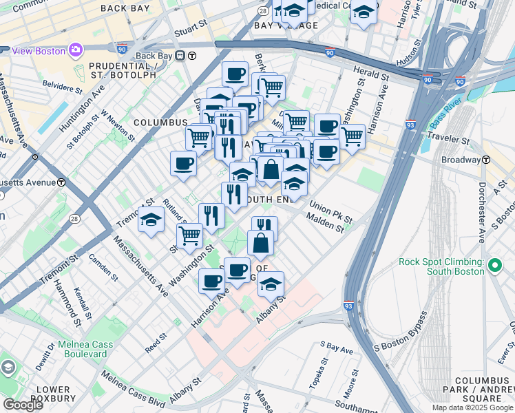 map of restaurants, bars, coffee shops, grocery stores, and more near in Boston