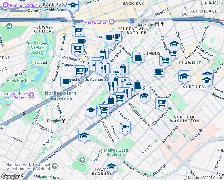 map of restaurants, bars, coffee shops, grocery stores, and more near in Boston