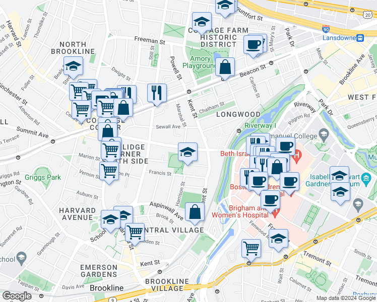 map of restaurants, bars, coffee shops, grocery stores, and more near 155 Longwood Avenue in Brookline