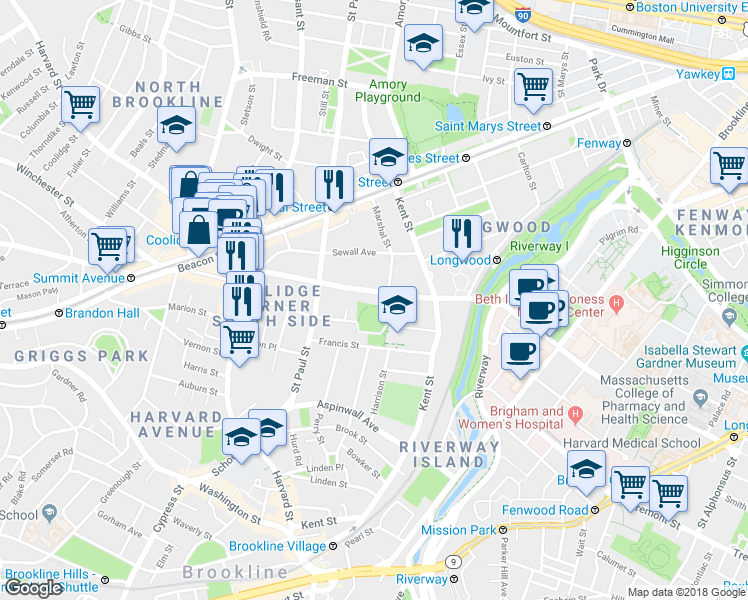 map of restaurants, bars, coffee shops, grocery stores, and more near 123 Longwood Avenue in Brookline