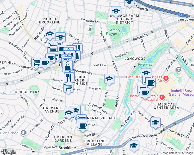 map of restaurants, bars, coffee shops, grocery stores, and more near 89 Longwood Avenue in Brookline