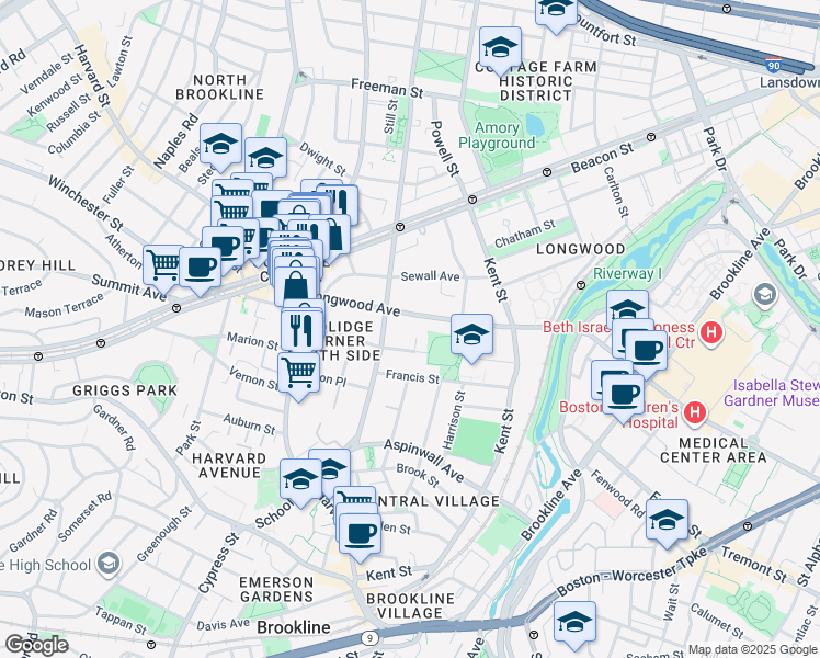 map of restaurants, bars, coffee shops, grocery stores, and more near 89 Longwood Avenue in Brookline
