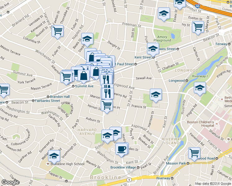 map of restaurants, bars, coffee shops, grocery stores, and more near 20 Stearns Road in Brookline