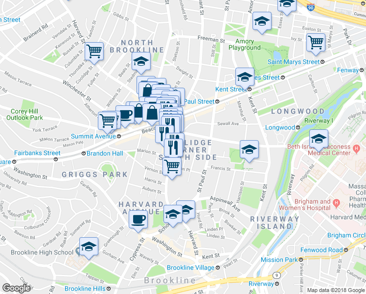 map of restaurants, bars, coffee shops, grocery stores, and more near 20 Stearns Road in Brookline