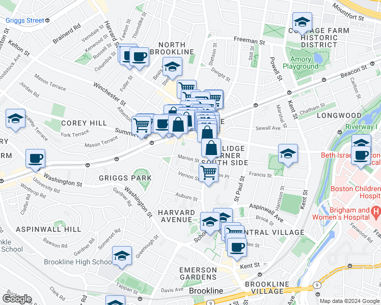 map of restaurants, bars, coffee shops, grocery stores, and more near in Brookline