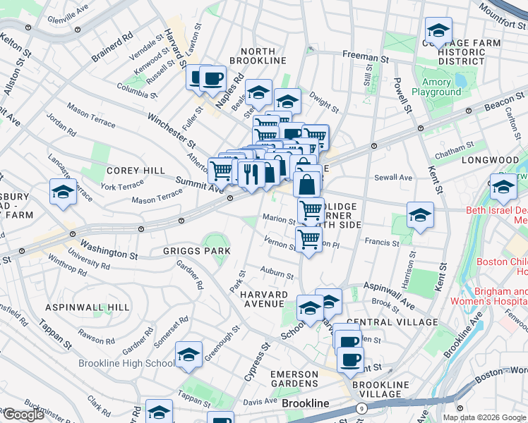 map of restaurants, bars, coffee shops, grocery stores, and more near in Brookline