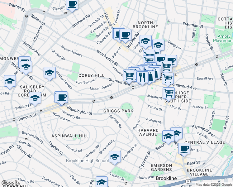 map of restaurants, bars, coffee shops, grocery stores, and more near 1476 Beacon Street in Brookline