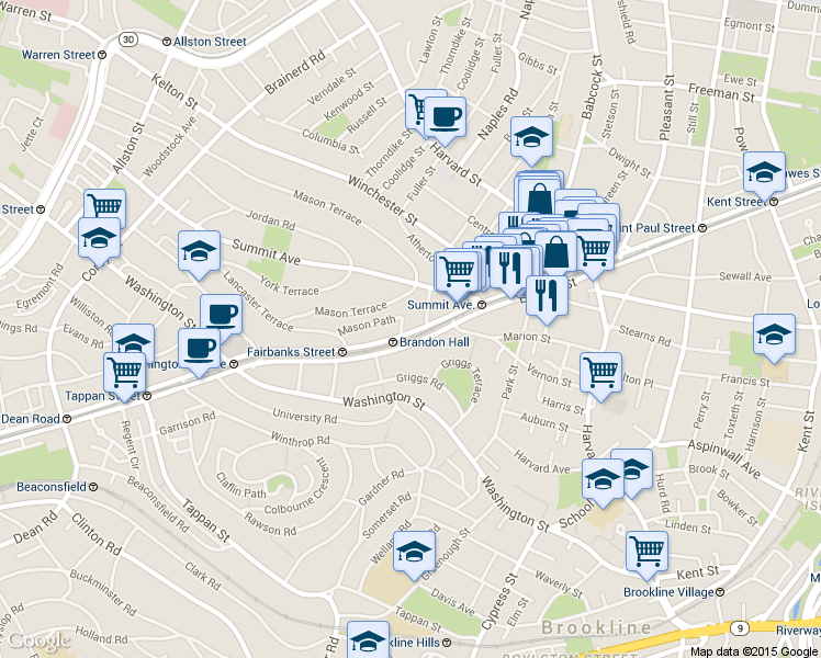 map of restaurants, bars, coffee shops, grocery stores, and more near 1476 Beacon Street in Brookline
