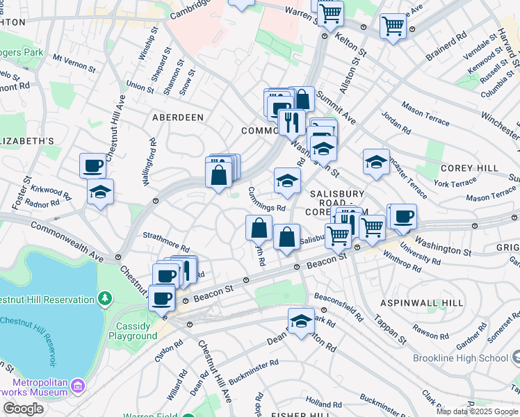map of restaurants, bars, coffee shops, grocery stores, and more near 36 Cummings Road in Boston