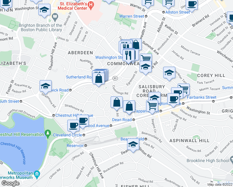 map of restaurants, bars, coffee shops, grocery stores, and more near 36 Cummings Road in Boston