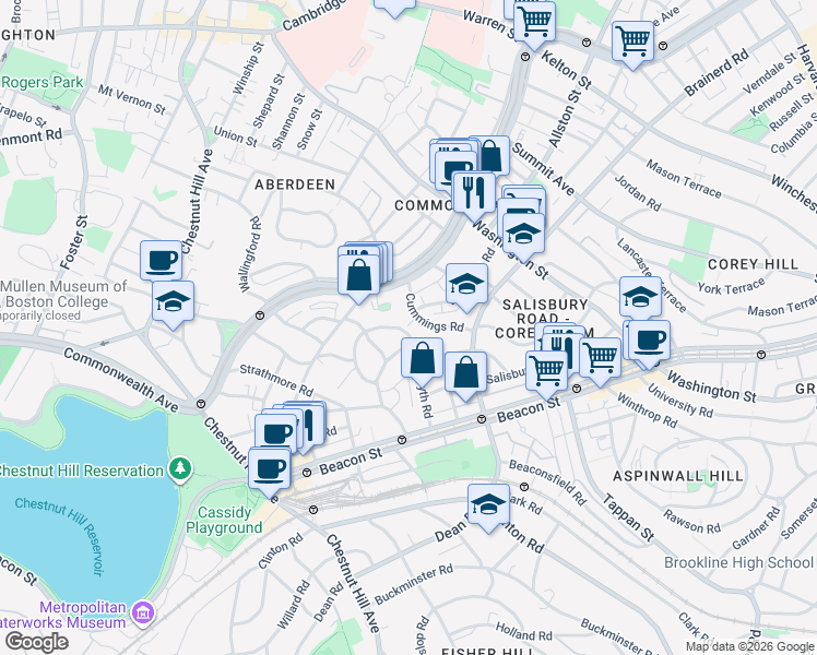 map of restaurants, bars, coffee shops, grocery stores, and more near 36 Cummings Road in Boston
