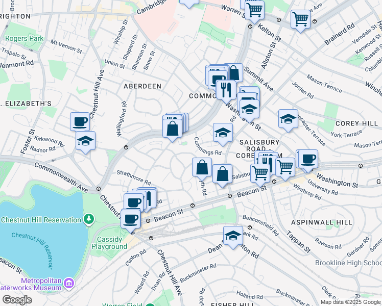 map of restaurants, bars, coffee shops, grocery stores, and more near 36 Cummings Road in Boston