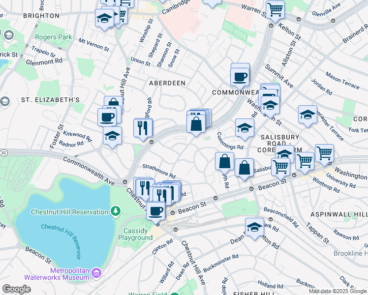 map of restaurants, bars, coffee shops, grocery stores, and more near 98 Lanark Road in Boston