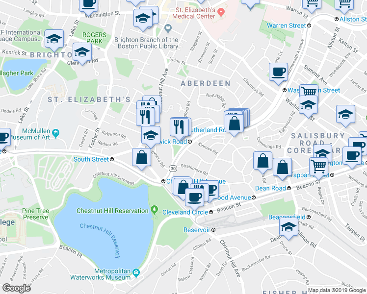 map of restaurants, bars, coffee shops, grocery stores, and more near in Boston