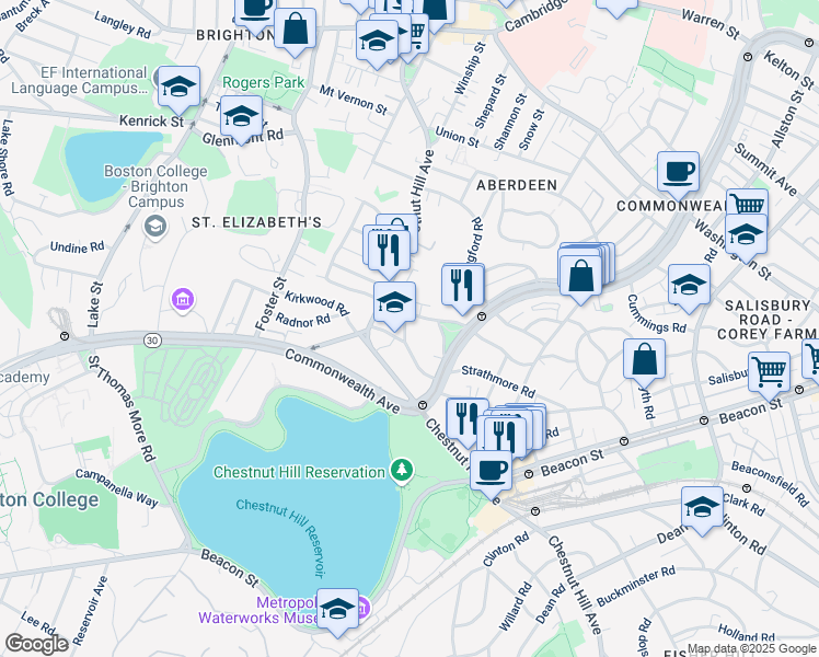 map of restaurants, bars, coffee shops, grocery stores, and more near 186 Chestnut Hill Avenue in Boston