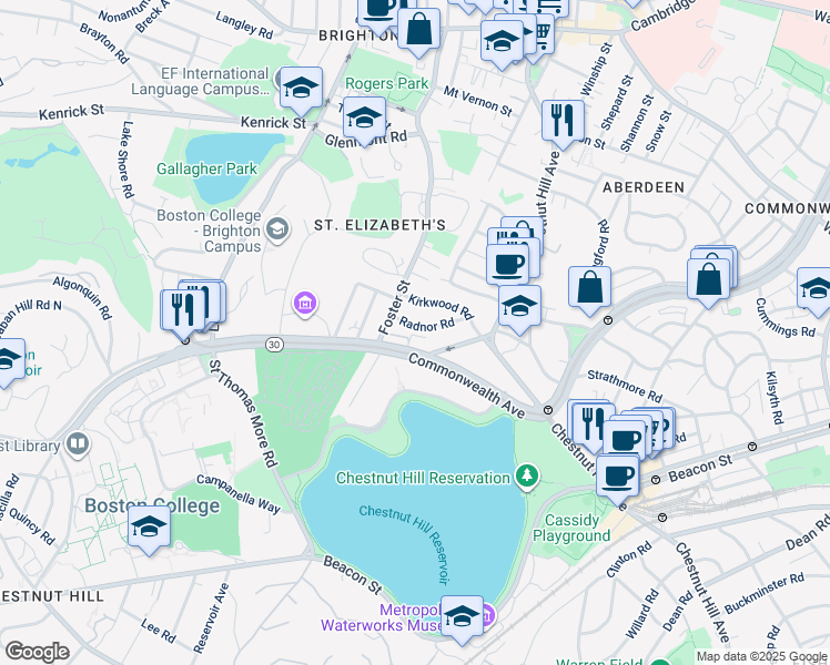map of restaurants, bars, coffee shops, grocery stores, and more near 15 Radnor Road in Boston