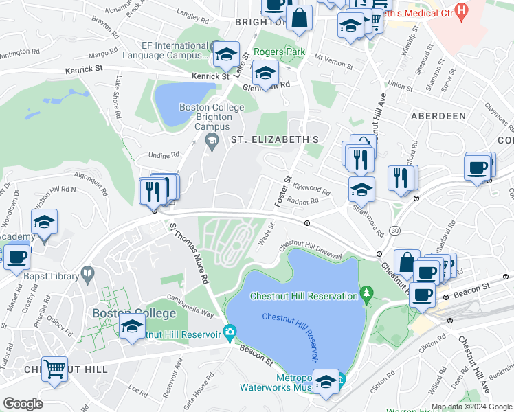 map of restaurants, bars, coffee shops, grocery stores, and more near 5 Greycliff Road in Boston