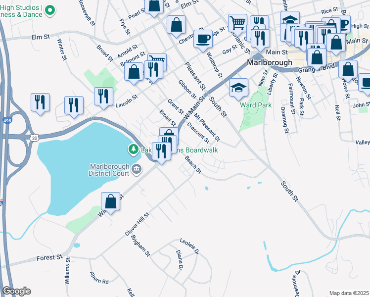 map of restaurants, bars, coffee shops, grocery stores, and more near 28 Beach Street in Marlborough