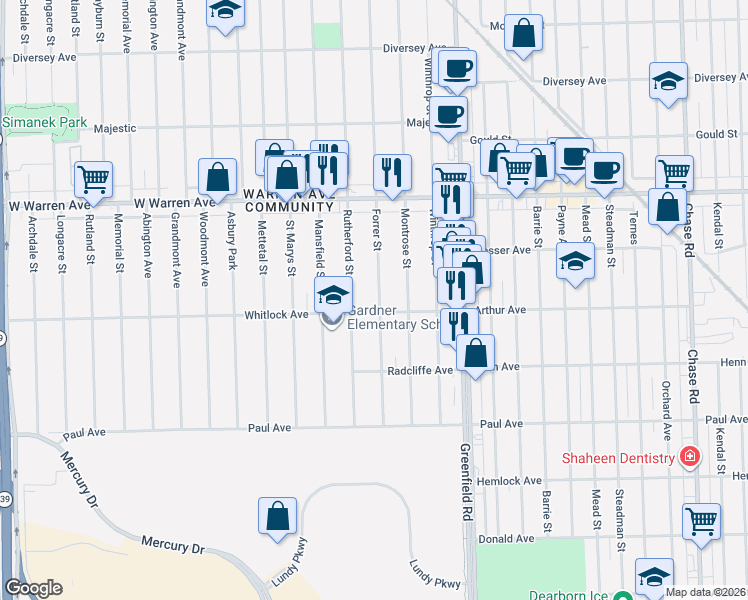 map of restaurants, bars, coffee shops, grocery stores, and more near 6722 Rutherford Street in Detroit