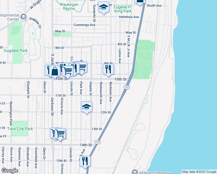 map of restaurants, bars, coffee shops, grocery stores, and more near 1022 McAlister Avenue in North Chicago