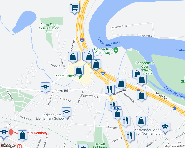 map of restaurants, bars, coffee shops, grocery stores, and more near 69 Pine Brook Curve in Northampton