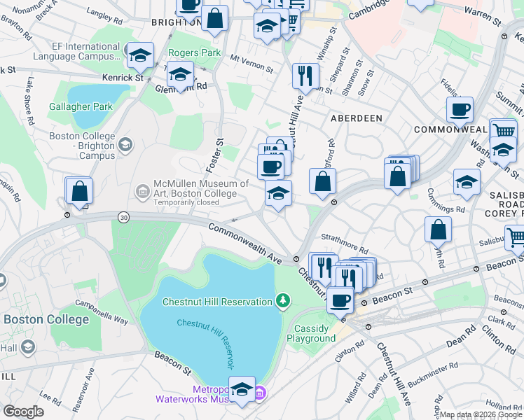 map of restaurants, bars, coffee shops, grocery stores, and more near 236 Chestnut Hill Avenue in Boston