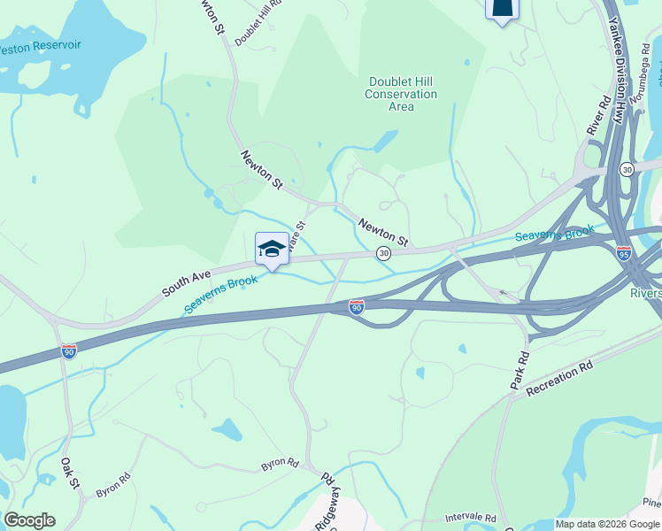 map of restaurants, bars, coffee shops, grocery stores, and more near 3 Ridgeway Road in Weston