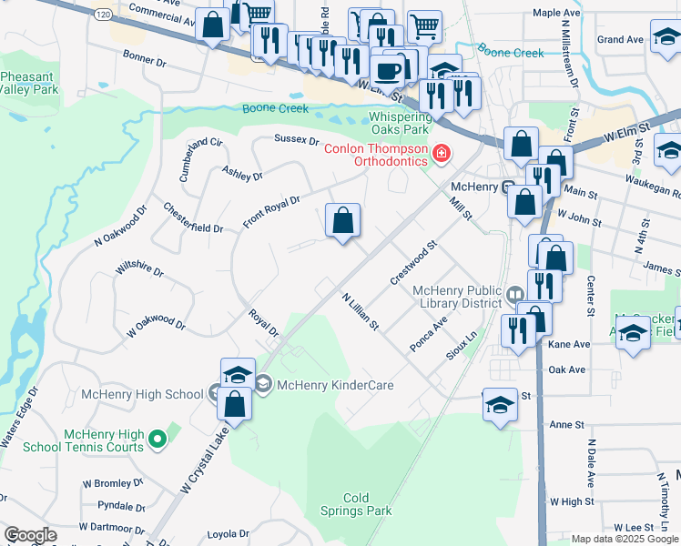 map of restaurants, bars, coffee shops, grocery stores, and more near 4318H West Crystal Lake Road in McHenry