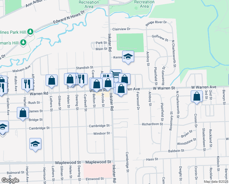 map of restaurants, bars, coffee shops, grocery stores, and more near 27349 West Warren Street in Dearborn Heights