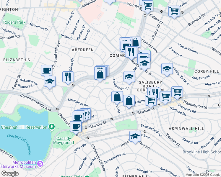 map of restaurants, bars, coffee shops, grocery stores, and more near 36 Cummings Road in Boston