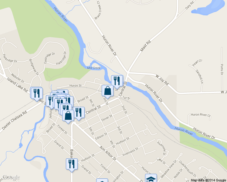 map of restaurants, bars, coffee shops, grocery stores, and more near 8027 Huron St in Dexter