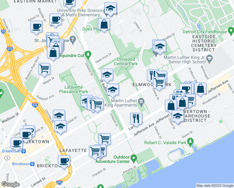 map of restaurants, bars, coffee shops, grocery stores, and more near 1100 Saint Aubin Place in Detroit