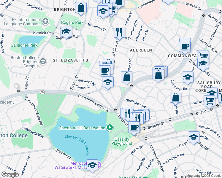 map of restaurants, bars, coffee shops, grocery stores, and more near 186 Chestnut Hill Avenue in Boston