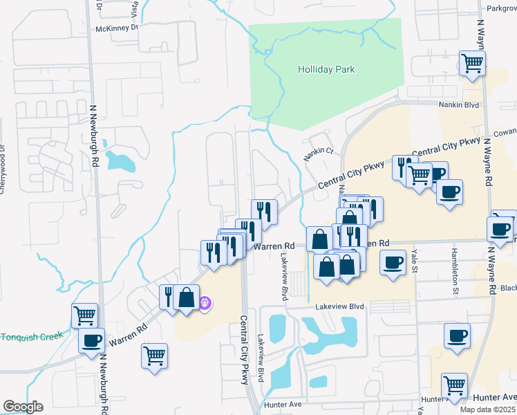 map of restaurants, bars, coffee shops, grocery stores, and more near 7605 Woodview Street in Westland