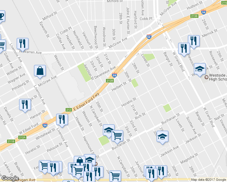 map of restaurants, bars, coffee shops, grocery stores, and more near 5023 32nd Street in Detroit