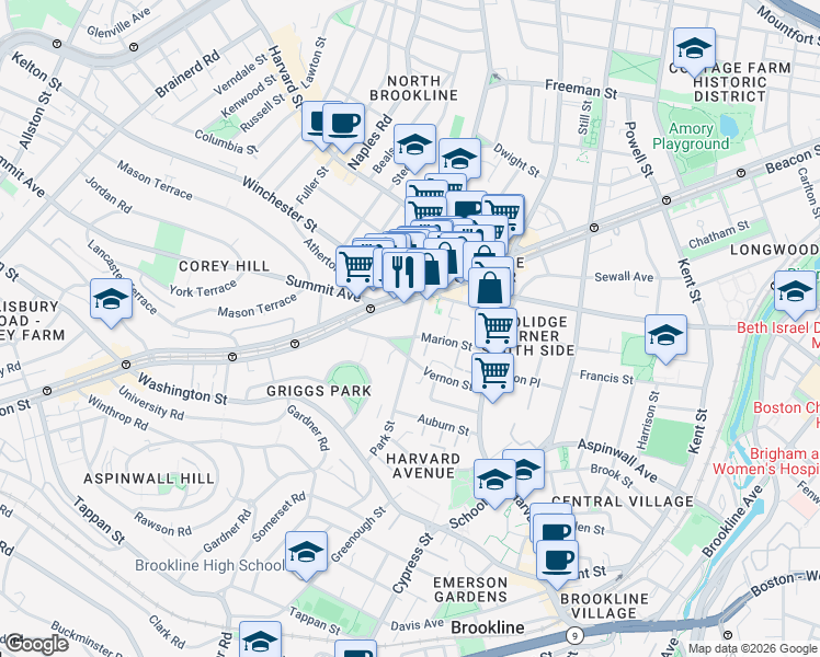 map of restaurants, bars, coffee shops, grocery stores, and more near in Brookline