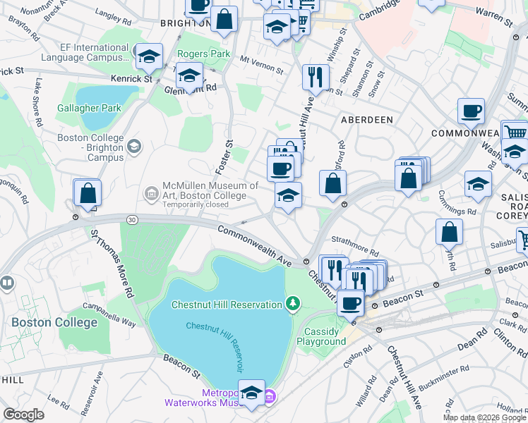 map of restaurants, bars, coffee shops, grocery stores, and more near 217 Chestnut Hill Avenue in Boston