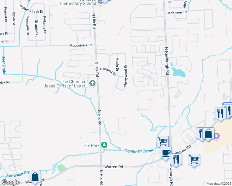 map of restaurants, bars, coffee shops, grocery stores, and more near 7458 Maple Dr in Westland