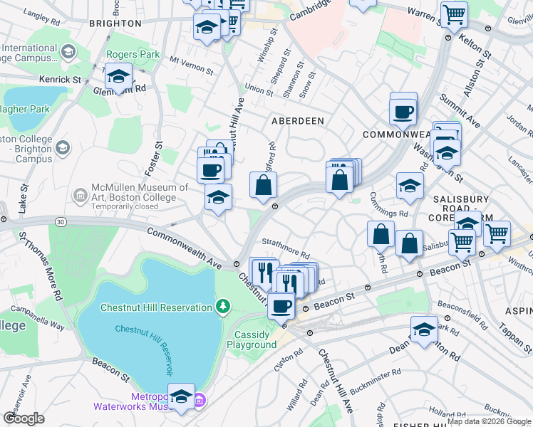 map of restaurants, bars, coffee shops, grocery stores, and more near Commonwealth Avenue & Chiswick Rd in Boston